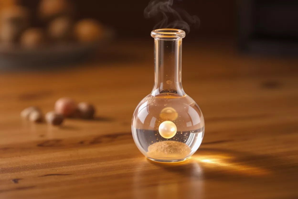 A glass flask with a glowing pearl inside, steaming on a wooden table.