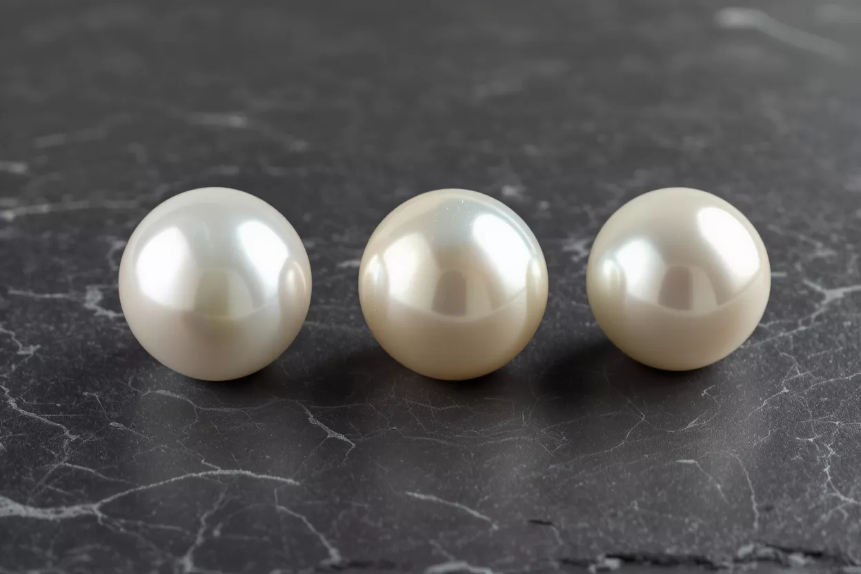 A close-up of three round, lustrous white pearls resting on a black marble surface.