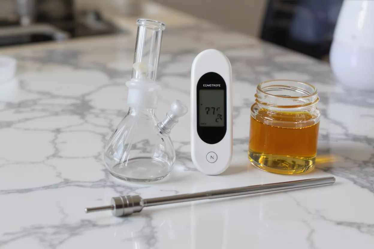 A glass dab rig, digital thermometer, dab tool, and jar of concentrate on marble.