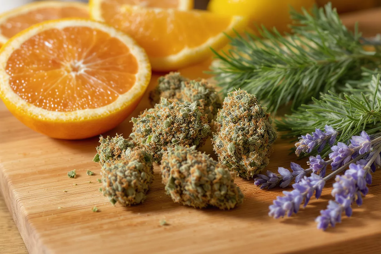 Cannabis buds, orange slices, pine needles, and lavender on a wooden board.
