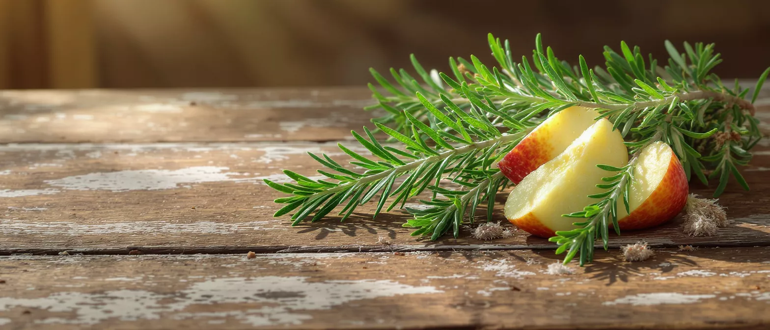 Fresh apple slices next to rosemary on wooden table