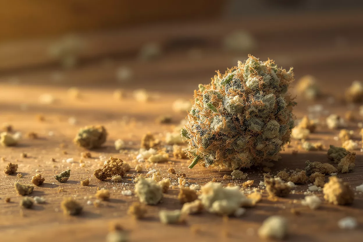 Detailed view of a cannabis bud on a wooden surface