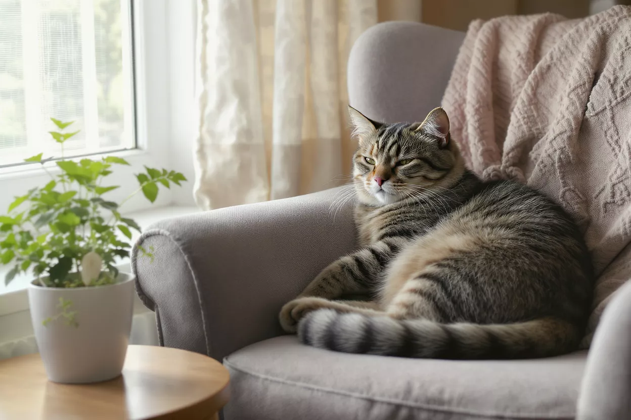 A cat lounging on a sofa next to a plant