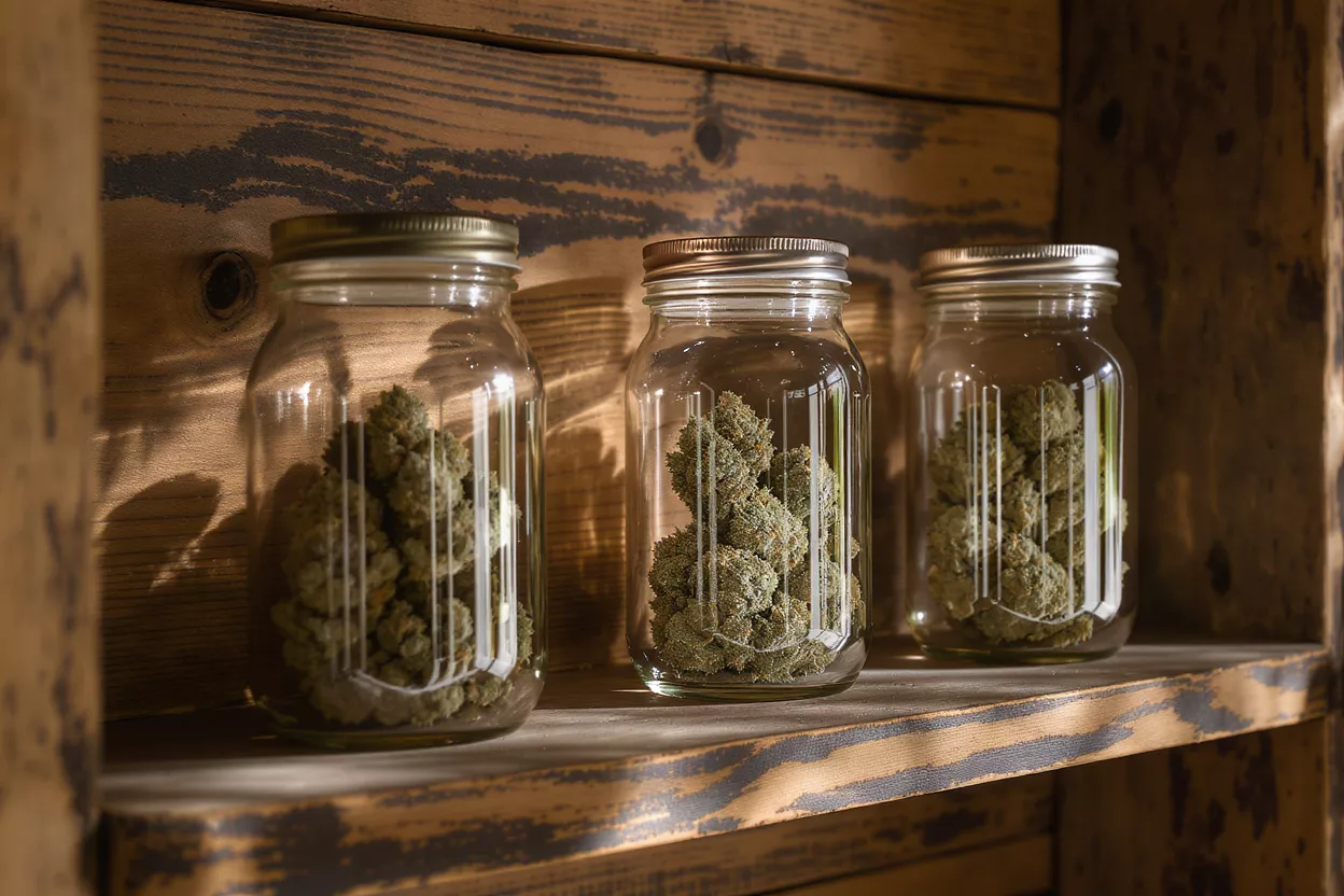 Three glass jars filled with cannabis on a wooden shelf
