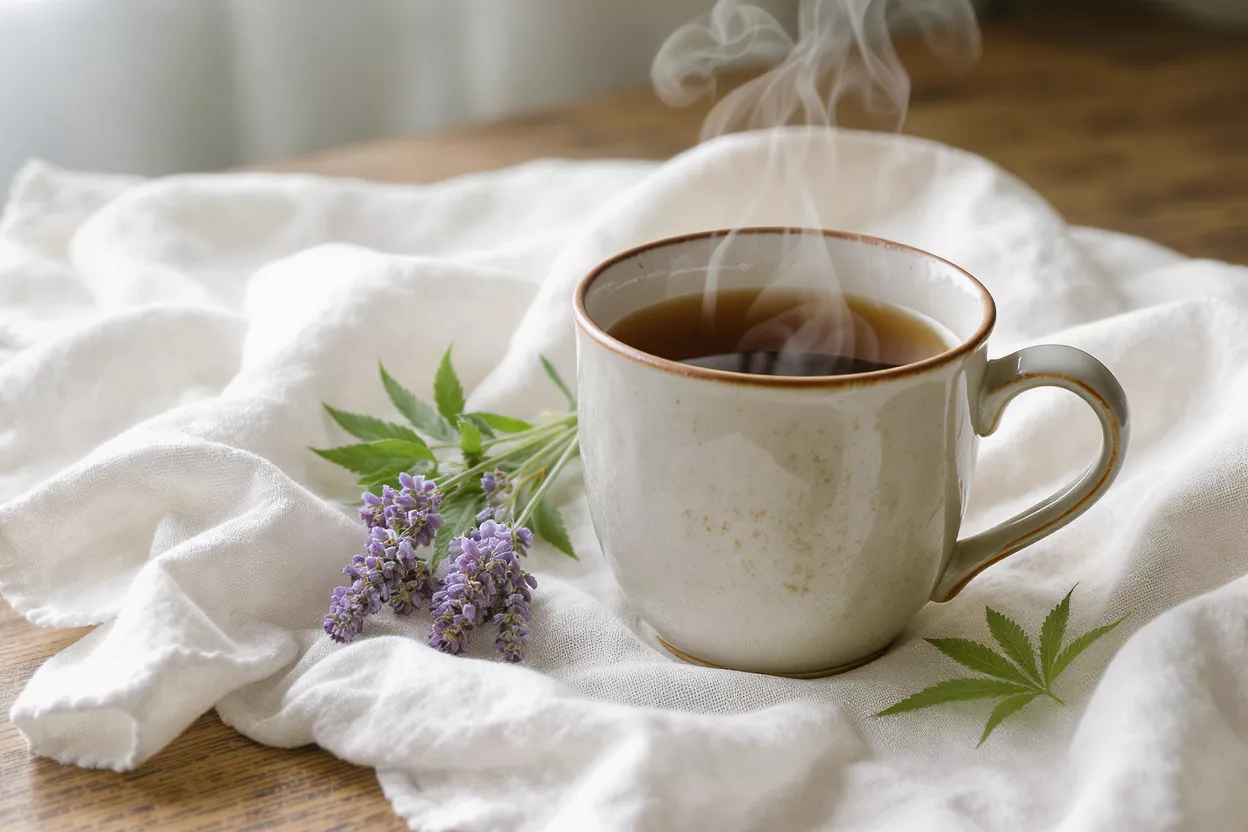 A steaming cup of tea beside lavender flowers