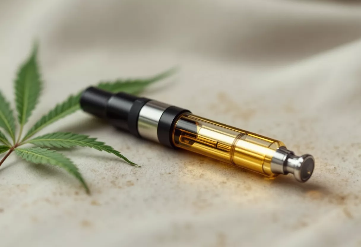 Un vaporisateur de cannabis à côté d'une feuille verte