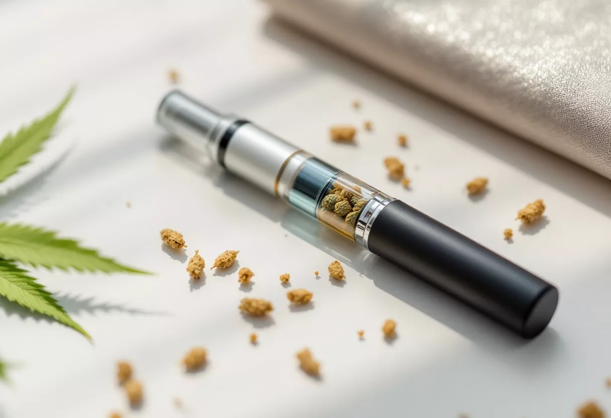 Un élégant stylo vaporisateur de cannabis avec des herbes éparpillées