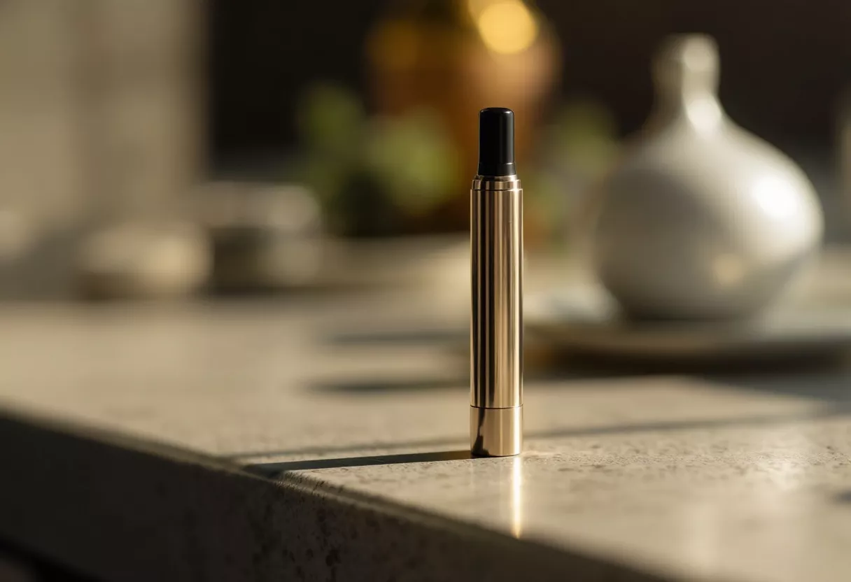 Un stylo vape doré posé sur une table