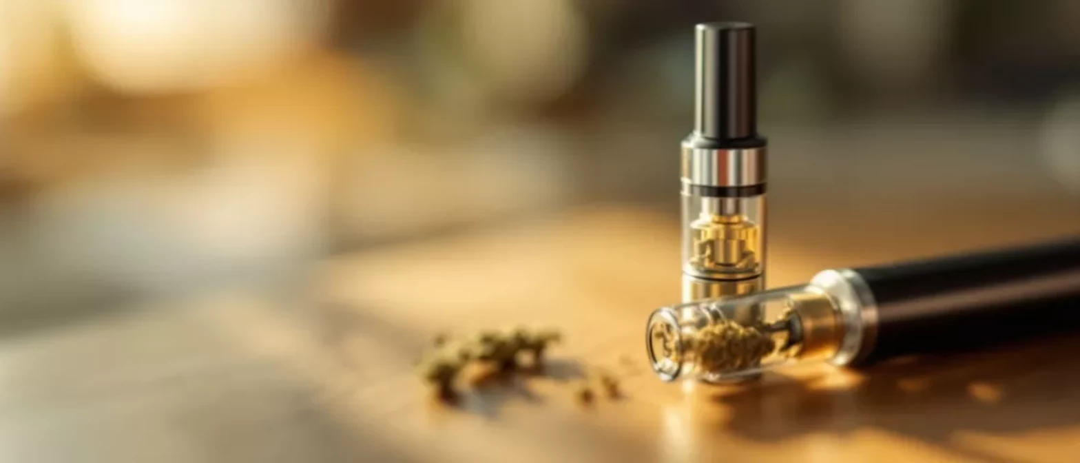 Two vape pens with cartridges on a wooden surface
