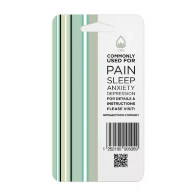 NowAndThen CBD tag listing benefits for pain, sleep, anxiety, depression with website for details.
