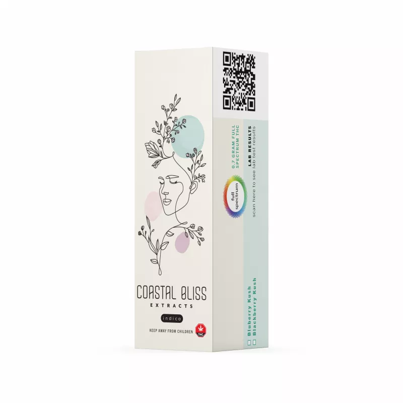 Coastal Bliss Indica Extract Packaging with Botanical Design and Safety Labels.