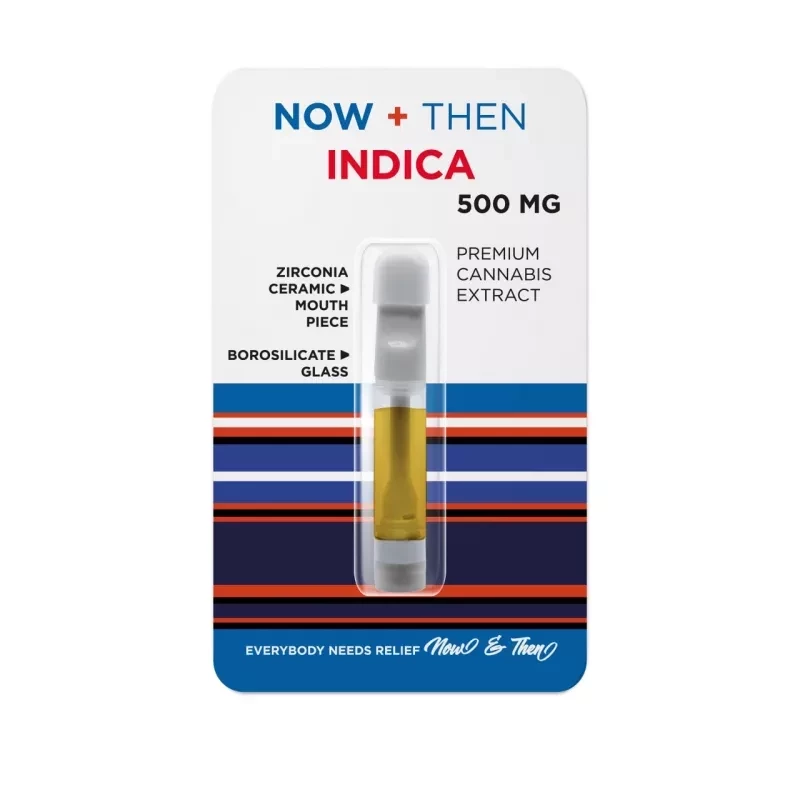 NOW + THEN Indica 500mg premium cannabis oil cartridge with ceramic mouthpiece.