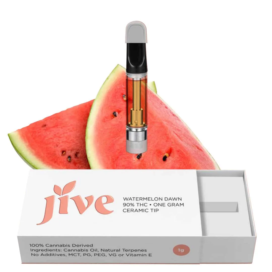 Jive Watermelon Dawn vape cartridge with 90% THC, 1g ceramic tip, and natural ingredients.