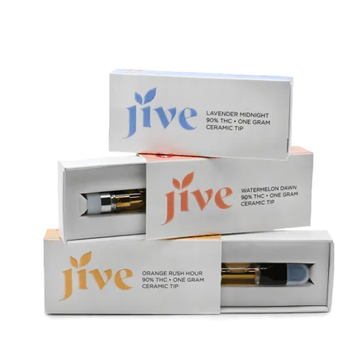Jive vape cartridges in Lavender, Watermelon, and Orange with 90% THC and ceramic tips.