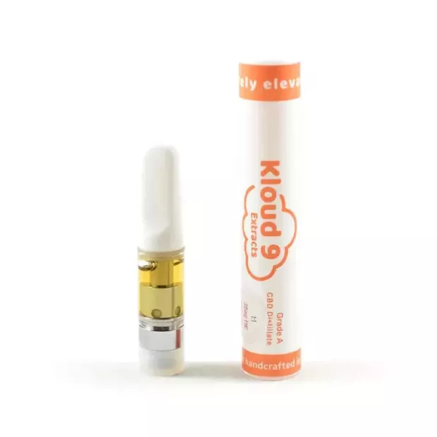 Kloud 9 premium CBD distillate vape cartridge with sleek packaging.