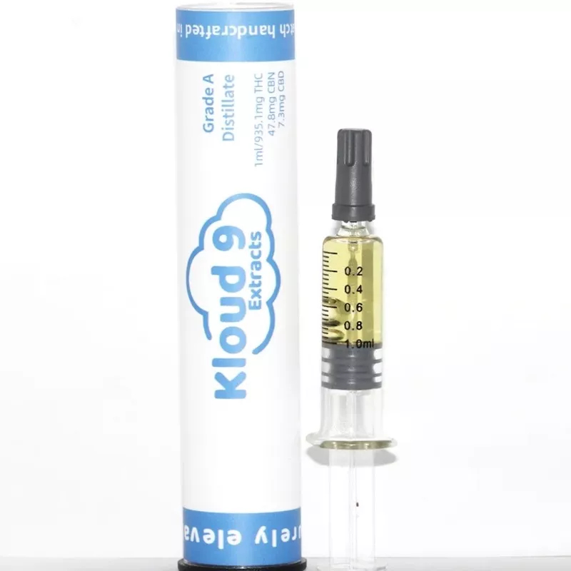 Kloud 9 Extracts Grade A Distillate Syringe with THC, CBN, CBD.