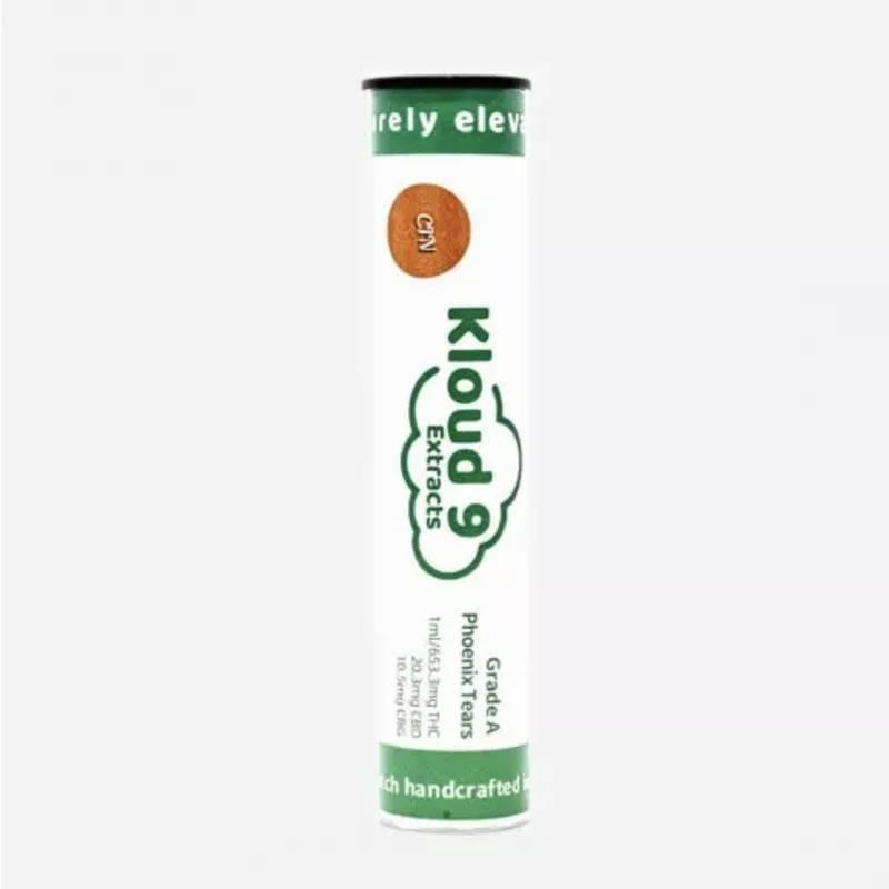 Kloud9 Extracts cannabis concentrate, Grade A Phoenix Tears in white and green tube packaging.