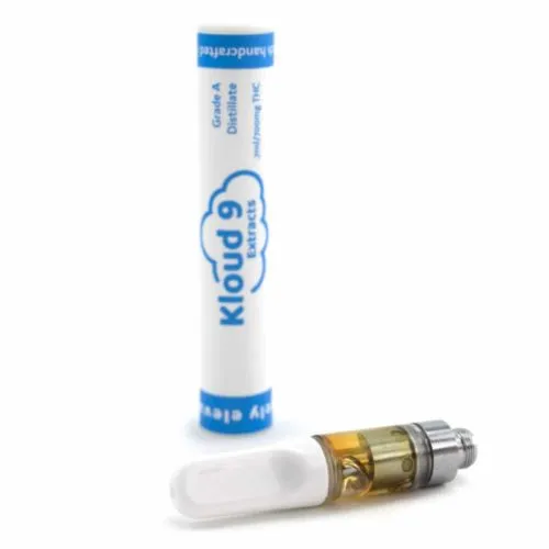 Kloud 9 premium e-juice and clear vape cartridge on a bright background.