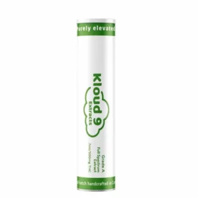 Kloud9 premium THC distillate packaging with green accents, handcrafted in California.
