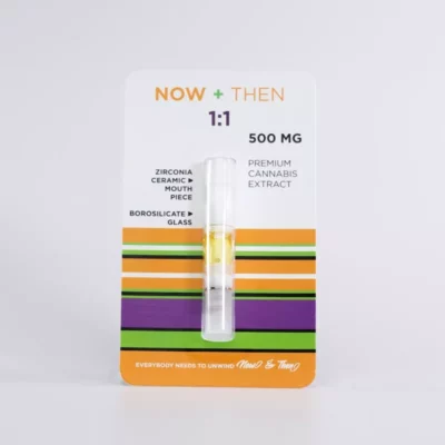 Now & Then Premium Cannabis Vape Cartridge with Ceramic Mouthpiece and Glass.