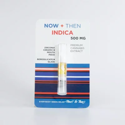 Now + Then Indica 500mg vape cartridge with ceramic mouthpiece and glass construction.