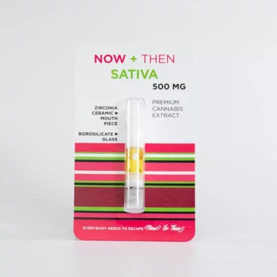 NOW + THEN Sativa 500mg vape cartridge with ceramic mouthpiece and glass body.