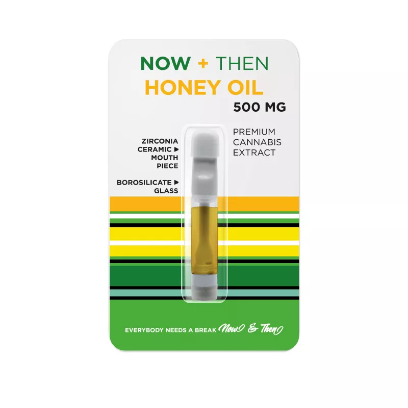 Premium 500mg Now & Then Honey Oil Vape Cartridge with Ceramic Mouthpiece and Borosilicate Glass.