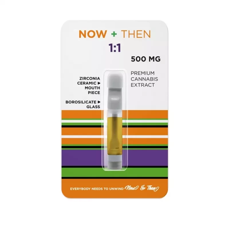 NOW + THEN 1:1 CBD/THC vape cartridge, 500mg with ceramic mouthpiece and glass casing.