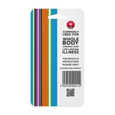 THC product label for chronic pain relief with barcode and QR code for easy access.