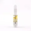 A clear vape cartridge filled with golden oil and a white mouthpiece on a white background.