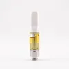A clear vape cartridge filled with golden CBD oil, white mouthpiece, and metal base.