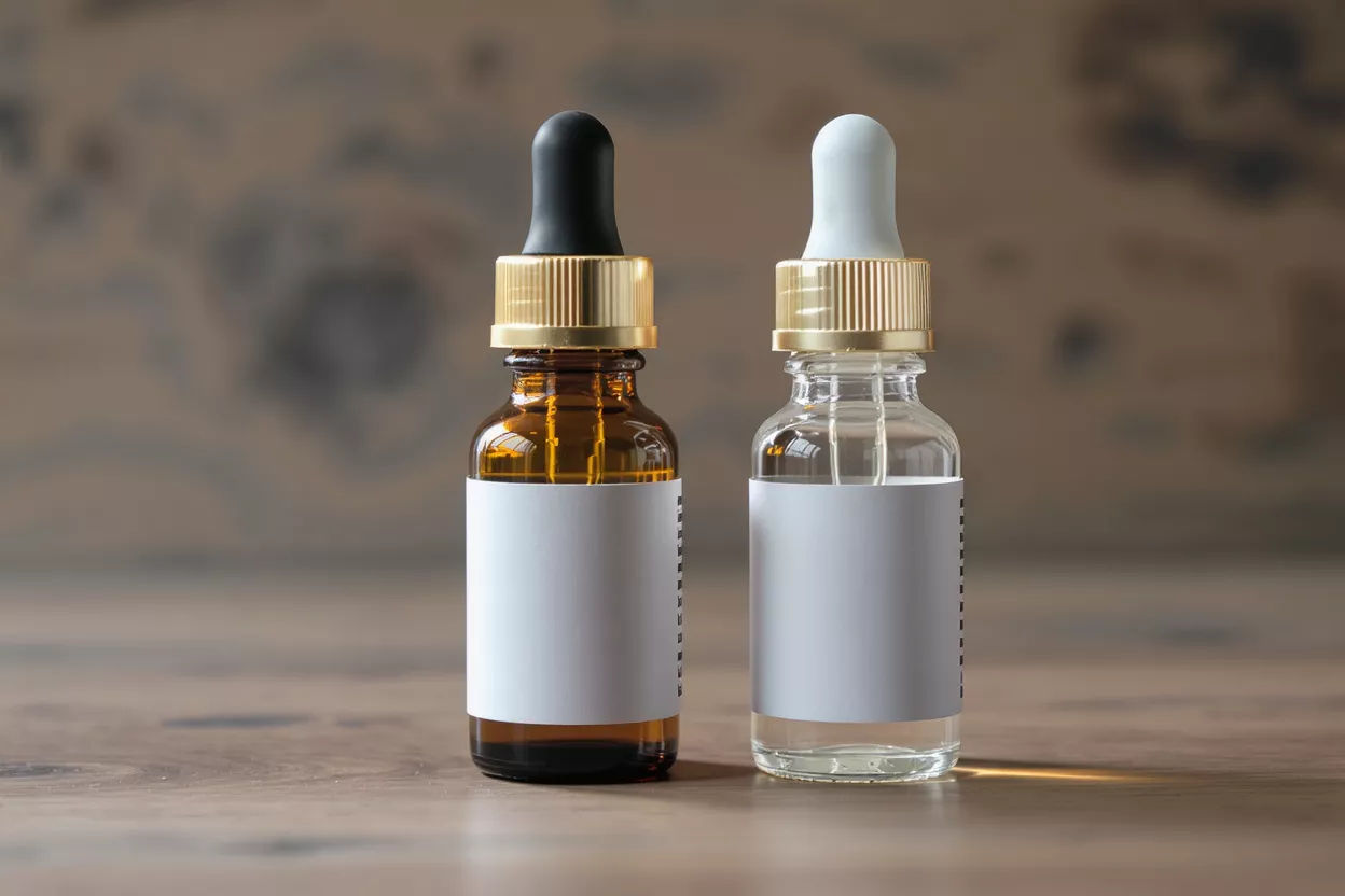 Two dropper bottles, one amber and one clear, with blank labels on a wooden surface.