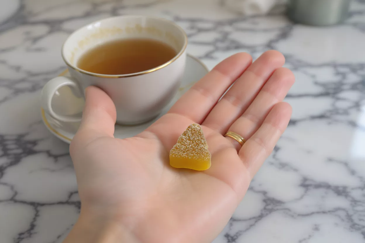 Hand holding a yellow gummy candy with a white tea cup in the background.