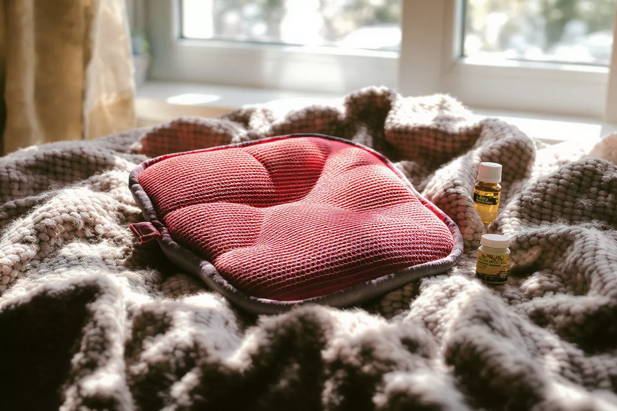Red heating pad, essential oil, and small jar on a textured blanket by a window.