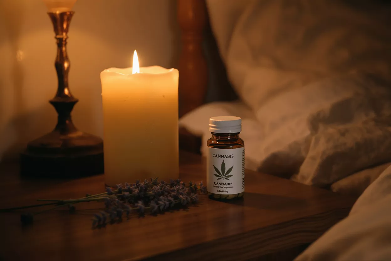 Cannabis bottle, lavender, and candle on a nightstand for relaxation.