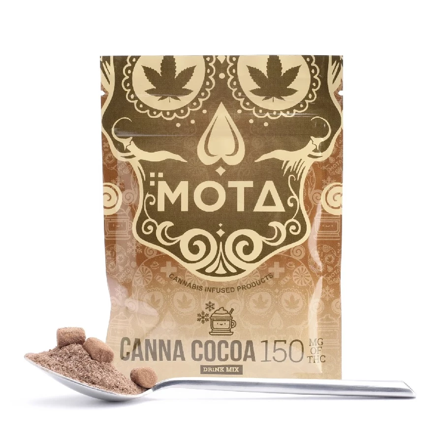 Packaging of Mota Canna Cocoa with a spoonful of powder