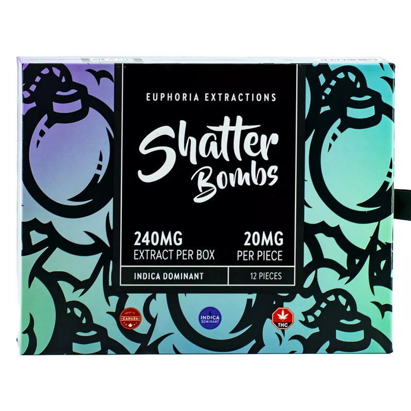 Shatter Bombs 240mg Indica Edibles with 12 pieces in stylized packaging.