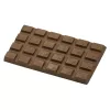 Milk chocolate bar with 25 embossed segments on white background, showcasing smooth, glossy texture.