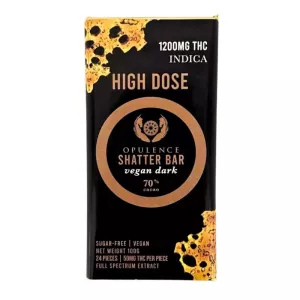 Luxury THC-infused vegan chocolate bar, 1200mg Indica, sugar-free, high-dose with floral emblem.