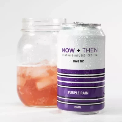Cold cannabis-infused Purple Rain iced tea can with 20mg THC and mason jar serving.