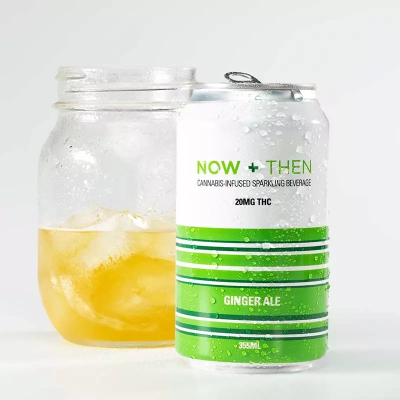 Cold cannabis ginger ale with 20mg THC in can and glass jar.