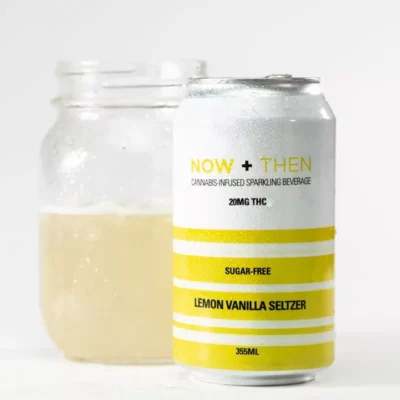 Chilled THC-infused Now + Then Lemon Vanilla Seltzer can with a glass of the sugar-free drink.