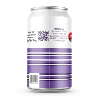 Kenyan Purple Tea drink can with QR code, ingredient list, and retail barcode.