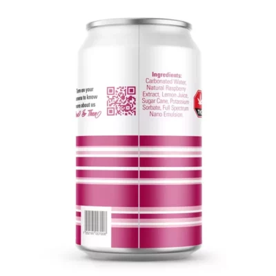 Now & Then raspberry-flavored beverage can with pink stripes and interactive QR code.