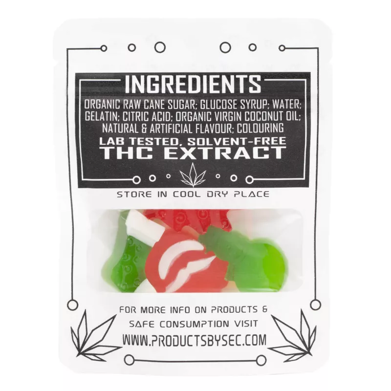 Organic THC-infused gummy candy label with lab-tested ingredients.