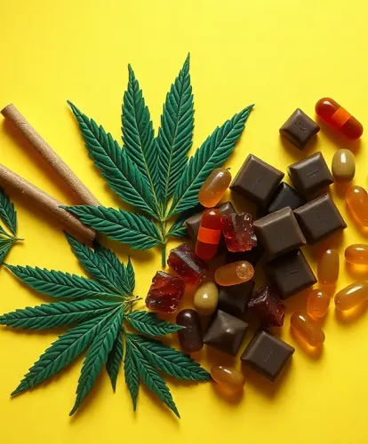 Comestibles colorés au cannabis et feuilles vertes sur un fond jaune vif.