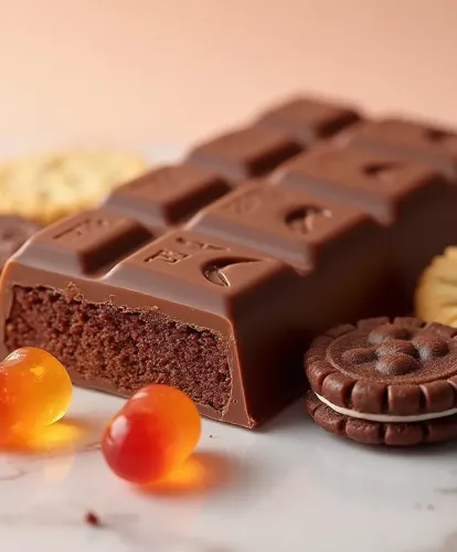 Tablette de chocolat avec une bouchée prise, entourée de biscuits et de bonbons en gélatine.