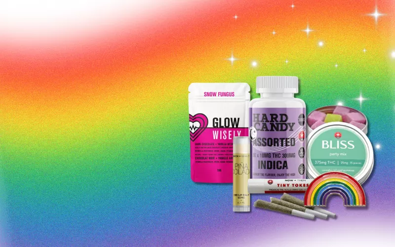 Arrière-plan dégradé coloré avec des produits comestibles présentant Glow Wisely, Indica, Bliss, des articles infusés au THC.