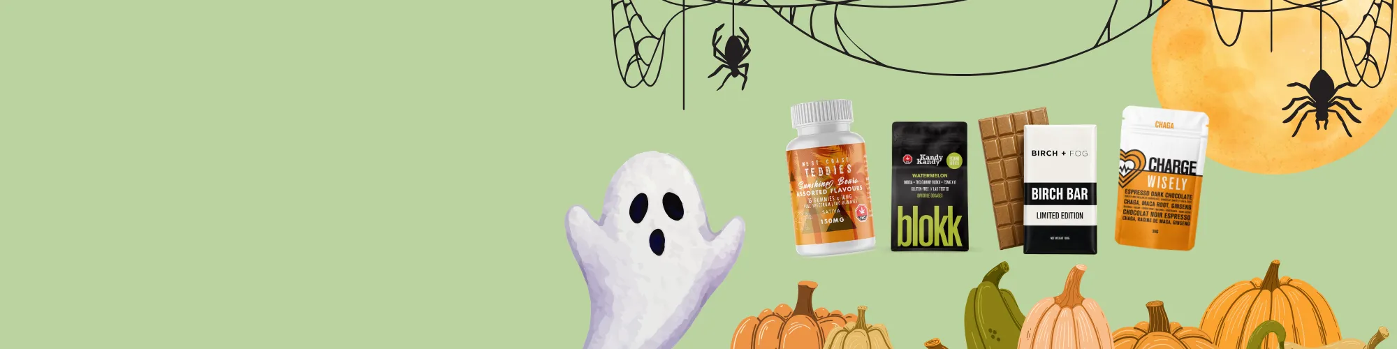 Halloween-themed image with cannabis products, ghost, spiders, pumpkins, and full moon.