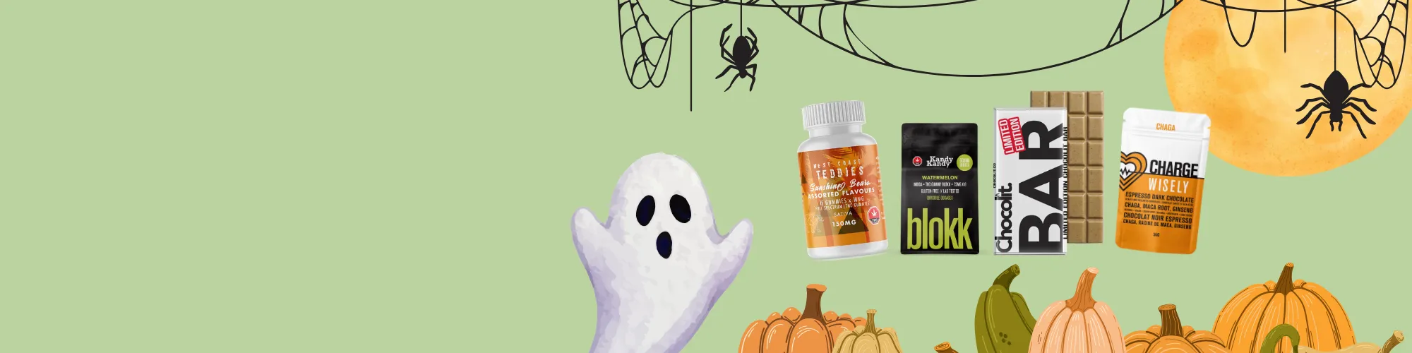 Halloween-themed cannabis products with ghost, pumpkins, spiders, and full moon.
